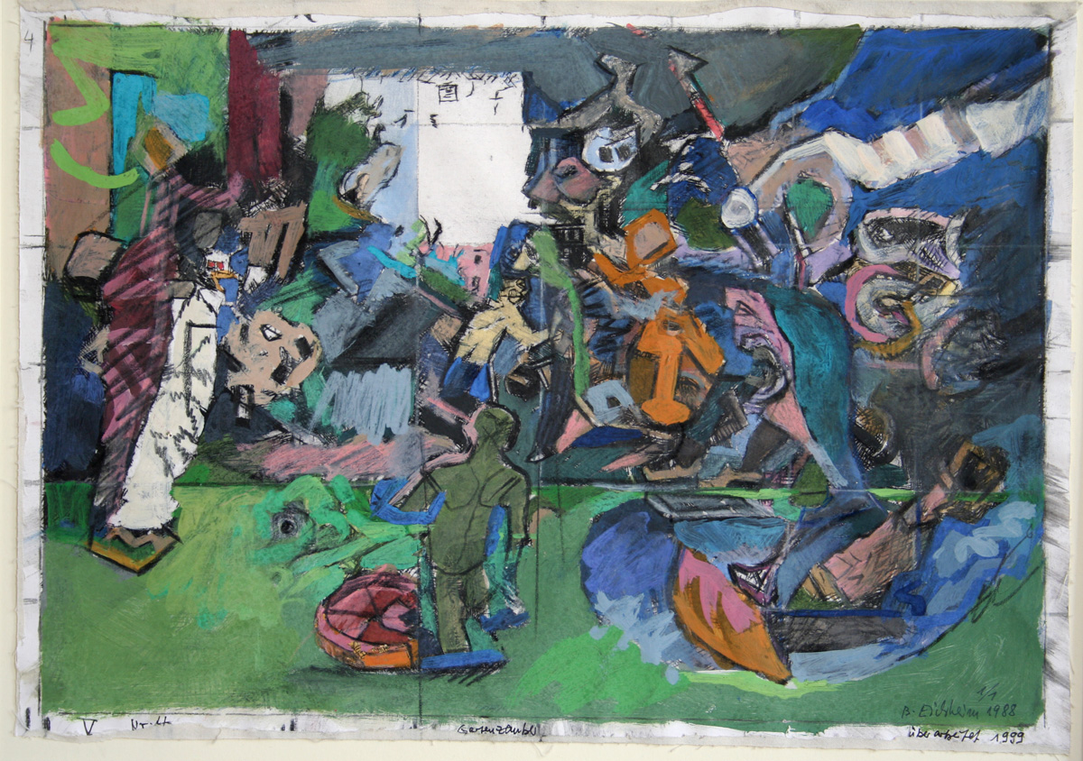 1999 Serie Gartenzauber, Entwürfe, Mischtechnik auf Papier Der Weg zum Puppentheater, 39 x 27,5 cm