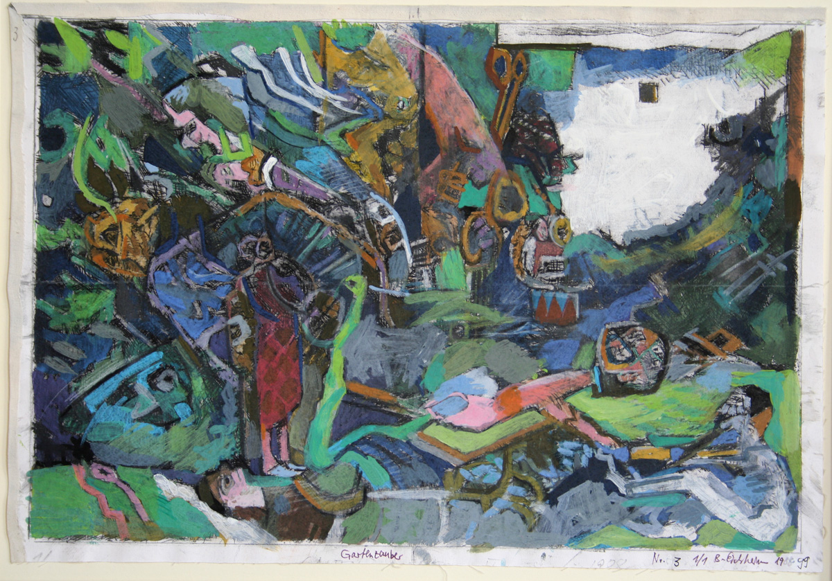 1999 Serie Gartenzauber, Entwürfe, Mischtechnik auf Papier, Erzählung wird lebendig, 27 x 39 cm