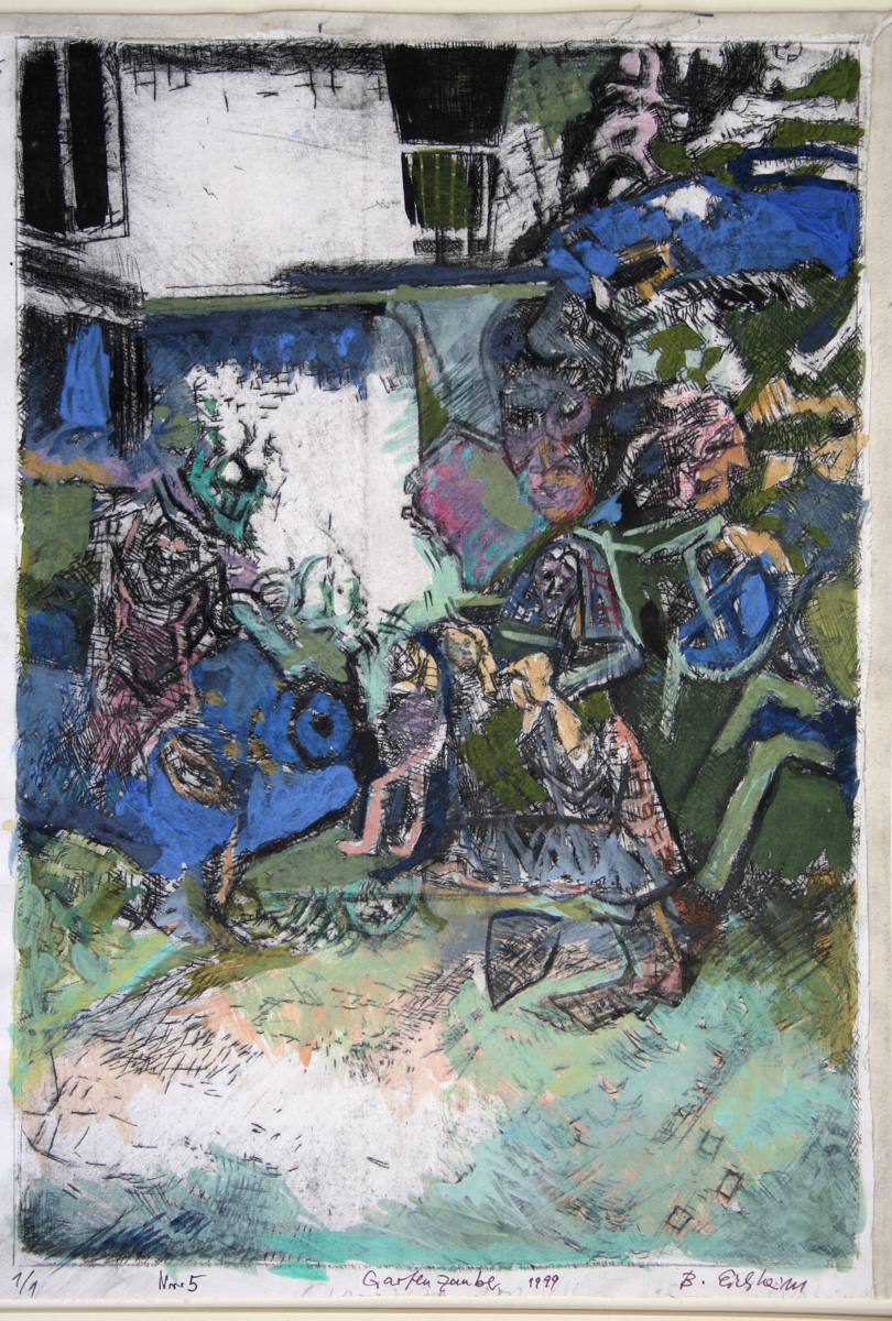 1999 Serie Gartenzauber, Entwürfe, Mischtechnik auf Papier, Maskentanz, 27 x 39 cm