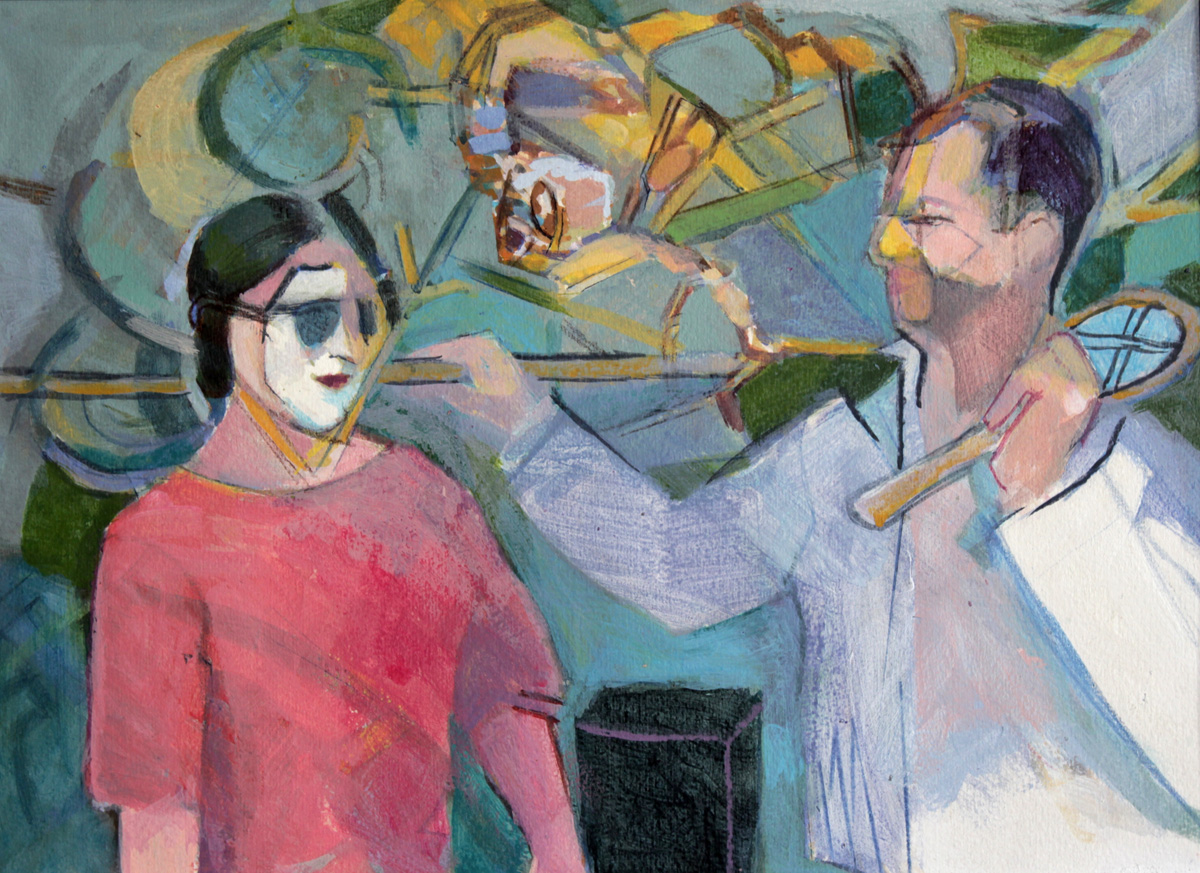 2002 Mit Maske, Dialog, Gouache auf Papier, 29,5 x 40 cm