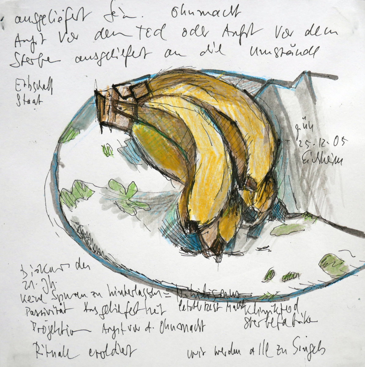 2005, Bananen, Gouache, gerahmt 20 x 20 cm